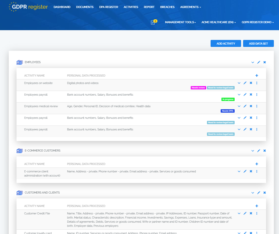 screenshot of GDPR Register
